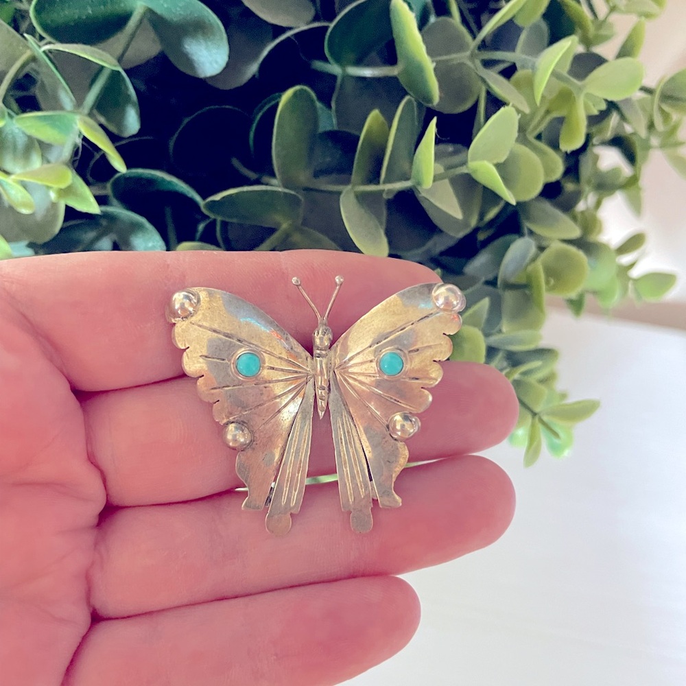 Vintage Sterling Silver 925 and Turquoise Butterfly Pin brooch Taxco